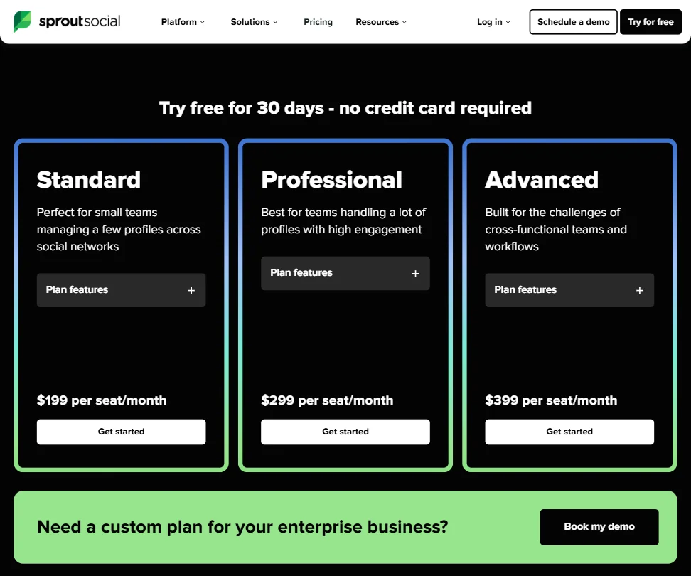Sprout Social pricing screenshot