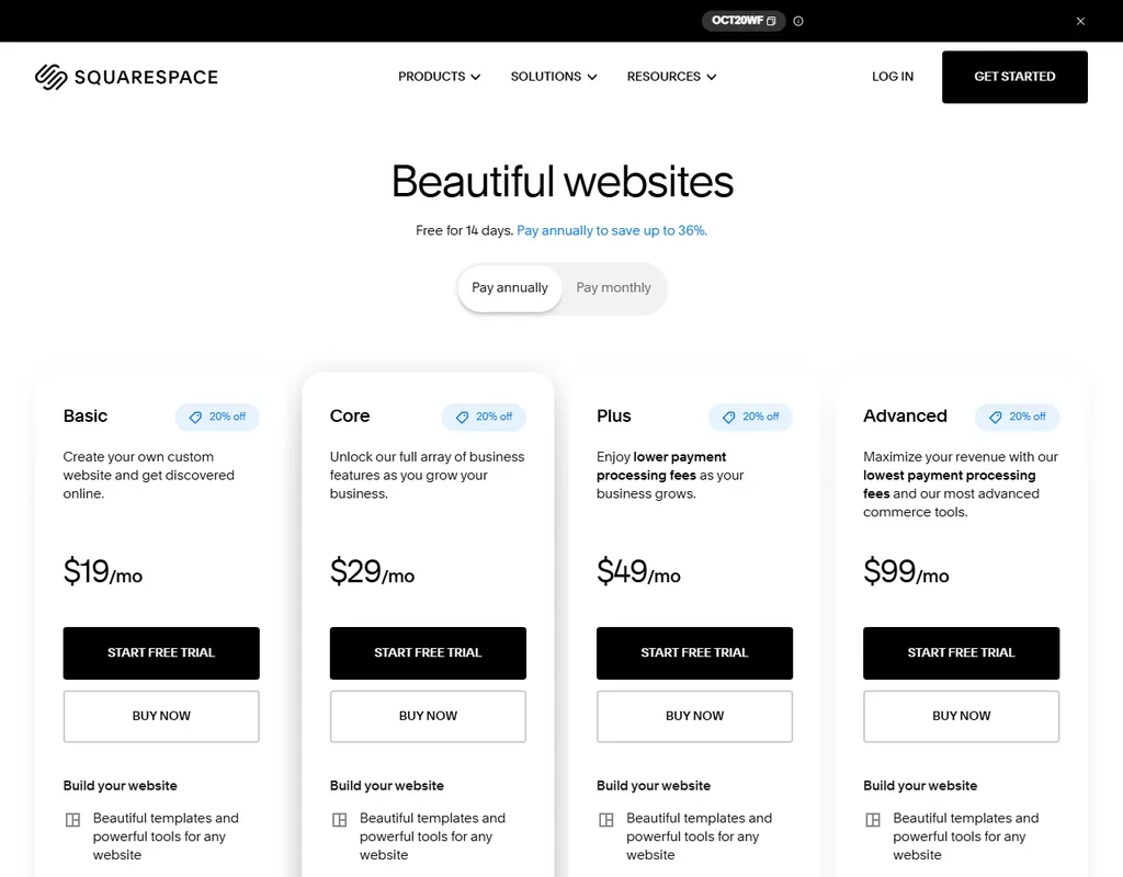 Squarespace pricing screenshot