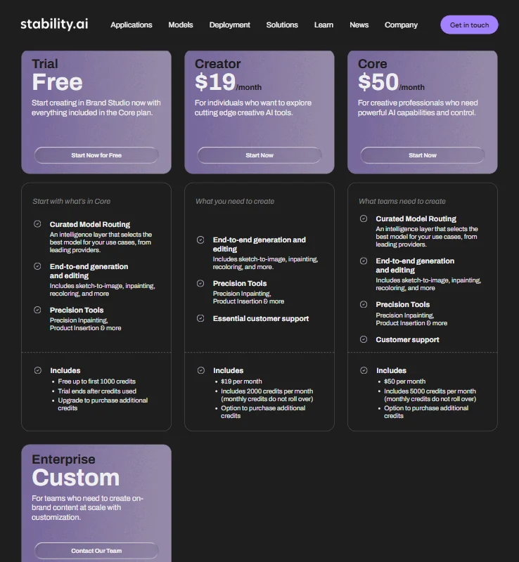Stability AI pricing screenshot