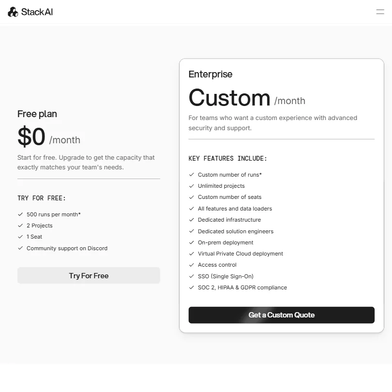 StackAI pricing screenshot