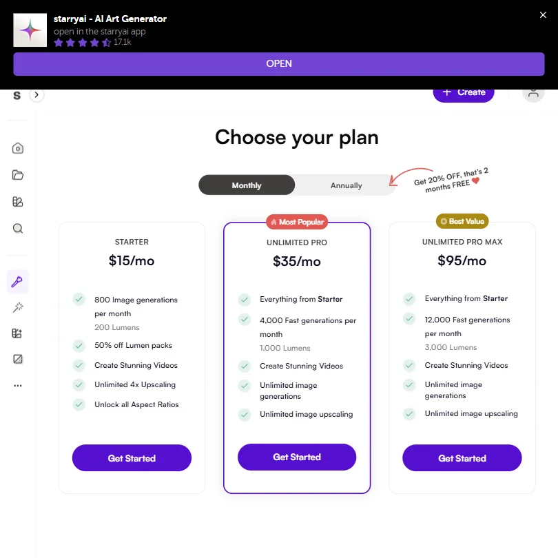 starryai pricing screenshot