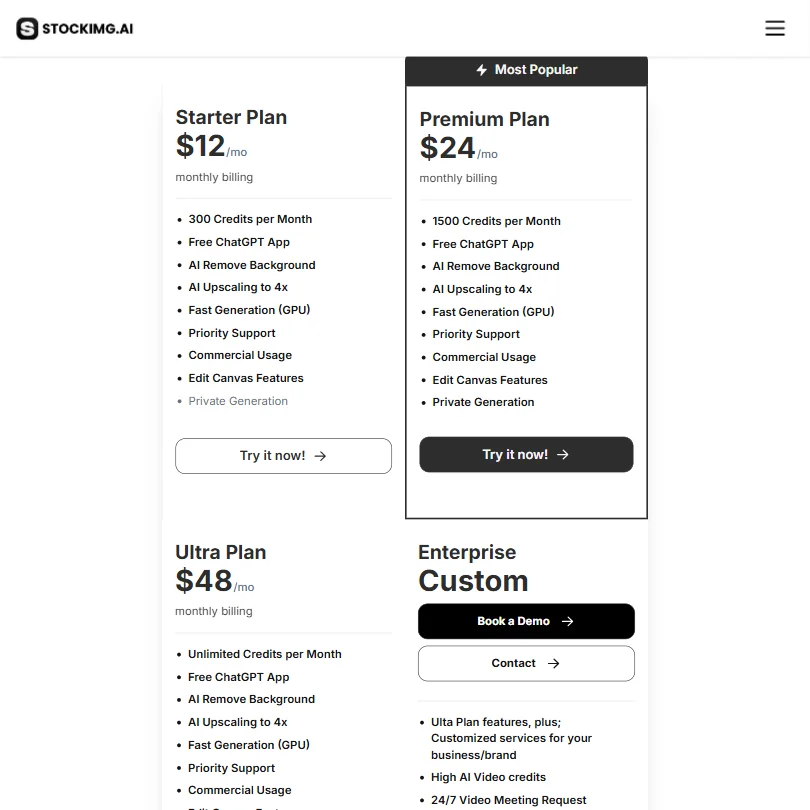 Stockimg AI pricing screenshot