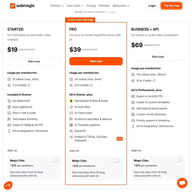 Submagic pricing screenshot
