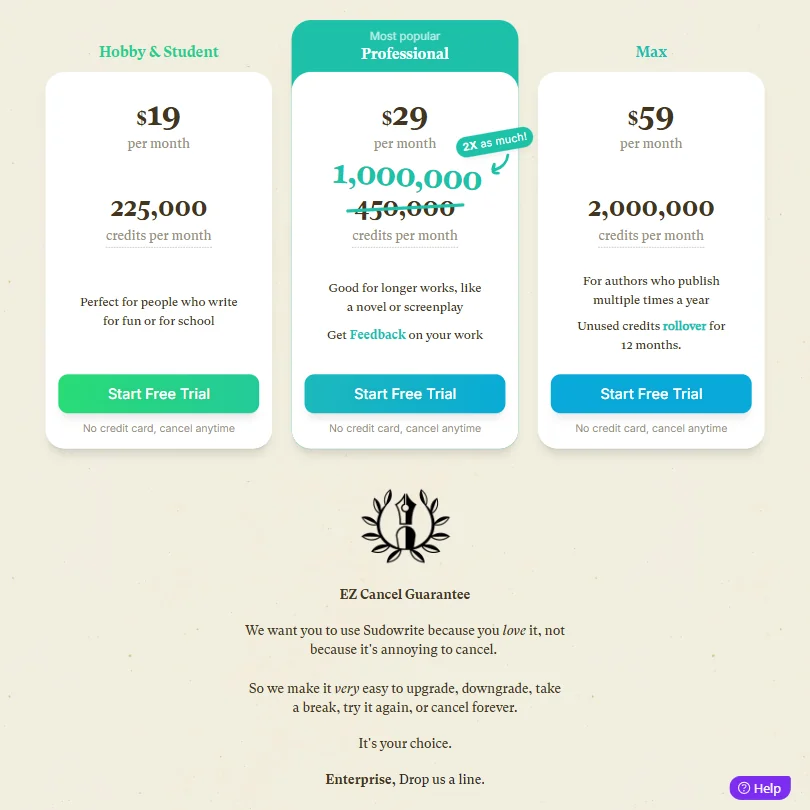 Sudowrite pricing screenshot