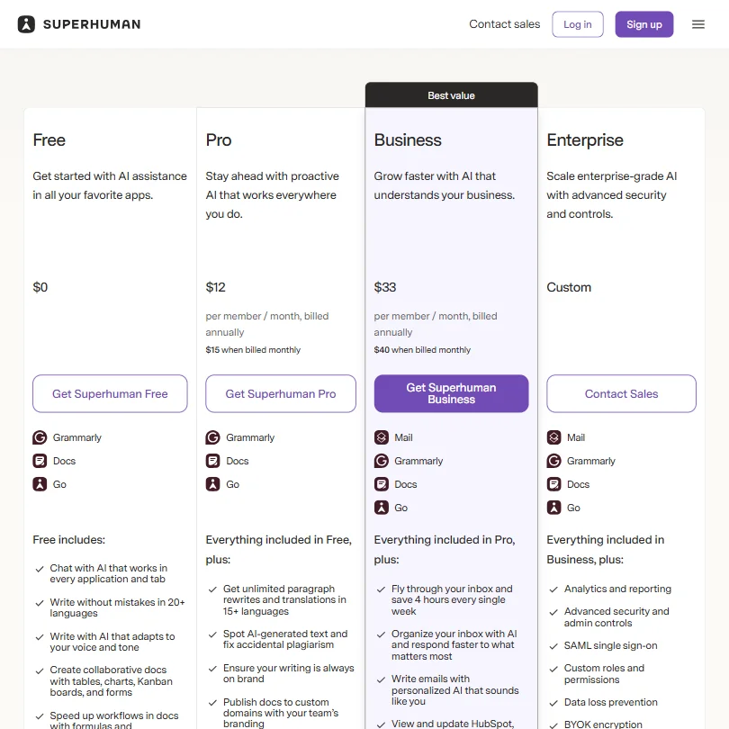 Superhuman pricing screenshot