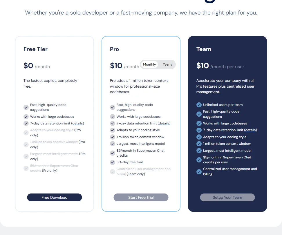 Supermaven pricing screenshot