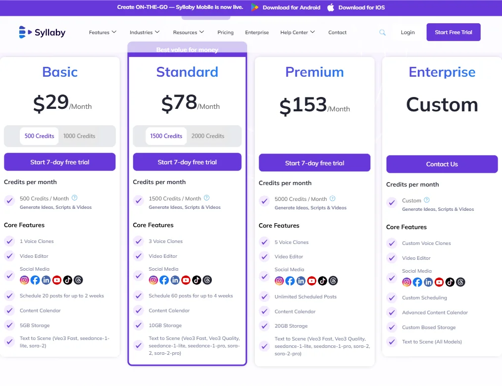 Syllaby pricing screenshot