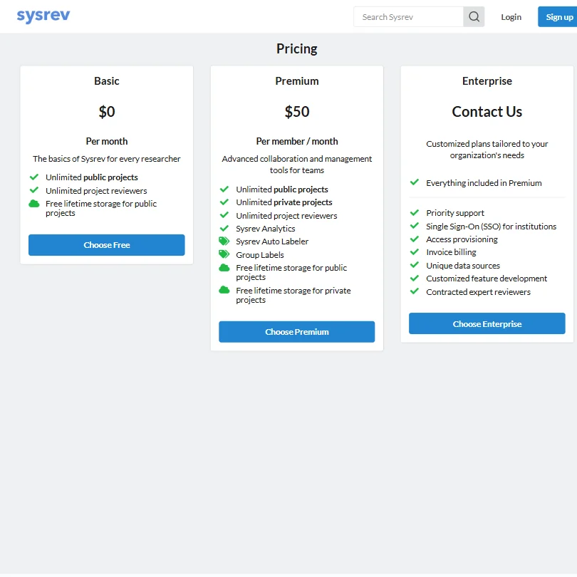 Sysrev pricing screenshot
