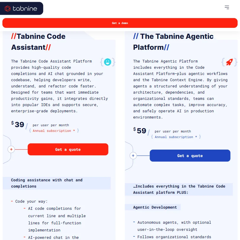 Tabnine pricing screenshot