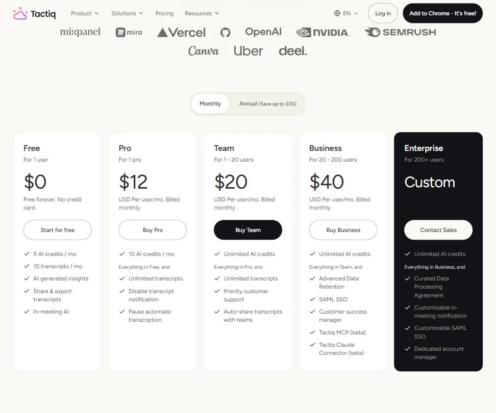 Tactiq pricing screenshot