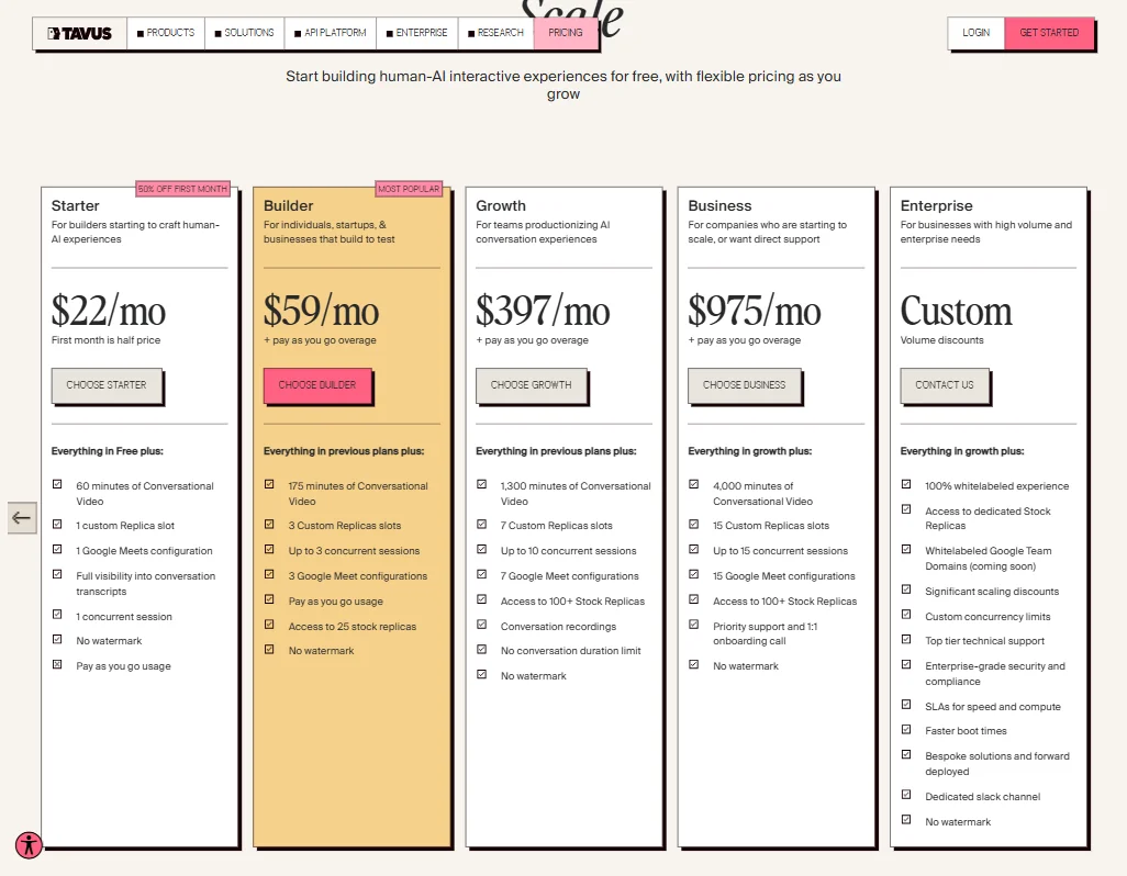 Tavus pricing screenshot