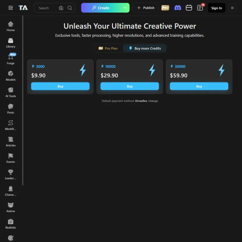 Tensor pricing screenshot