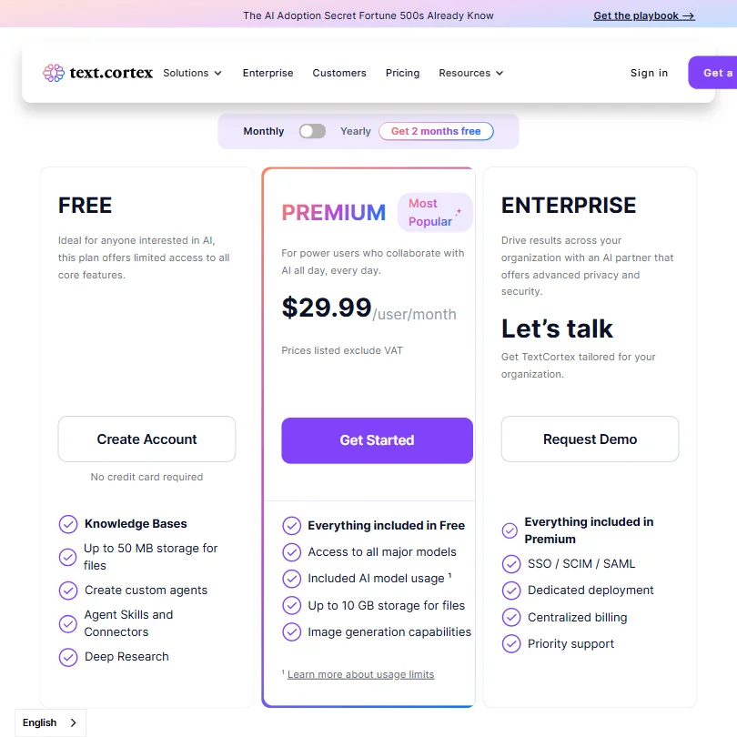 TextCortex pricing screenshot