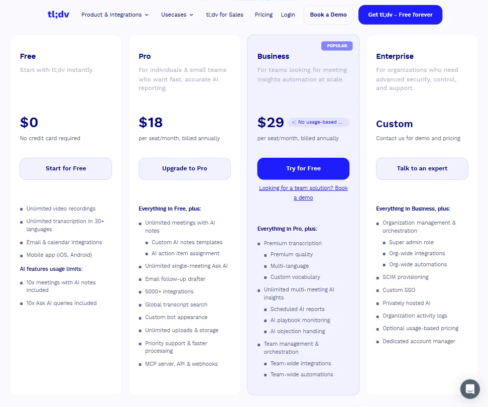 Tldv pricing screenshot
