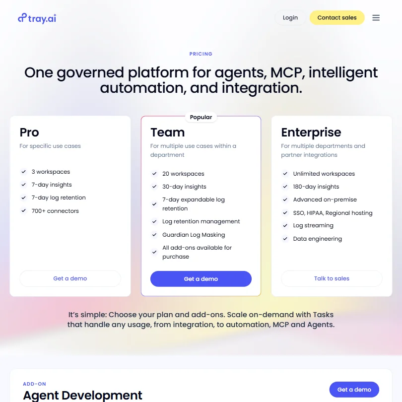 Tray.ai pricing screenshot
