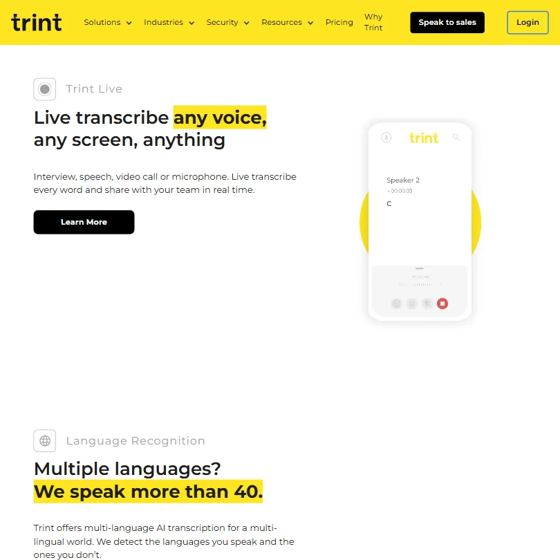 Trint features screenshot