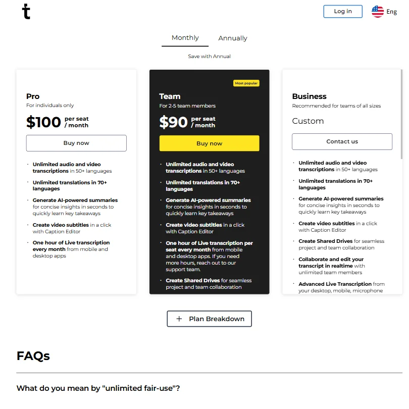 Trint pricing screenshot