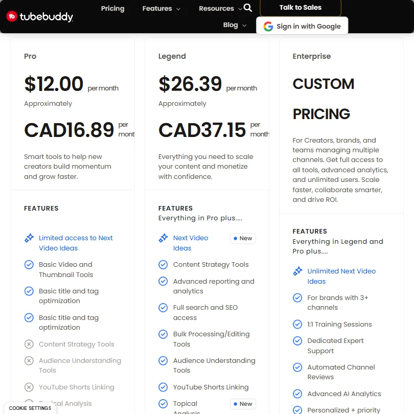 TubeBuddy pricing screenshot