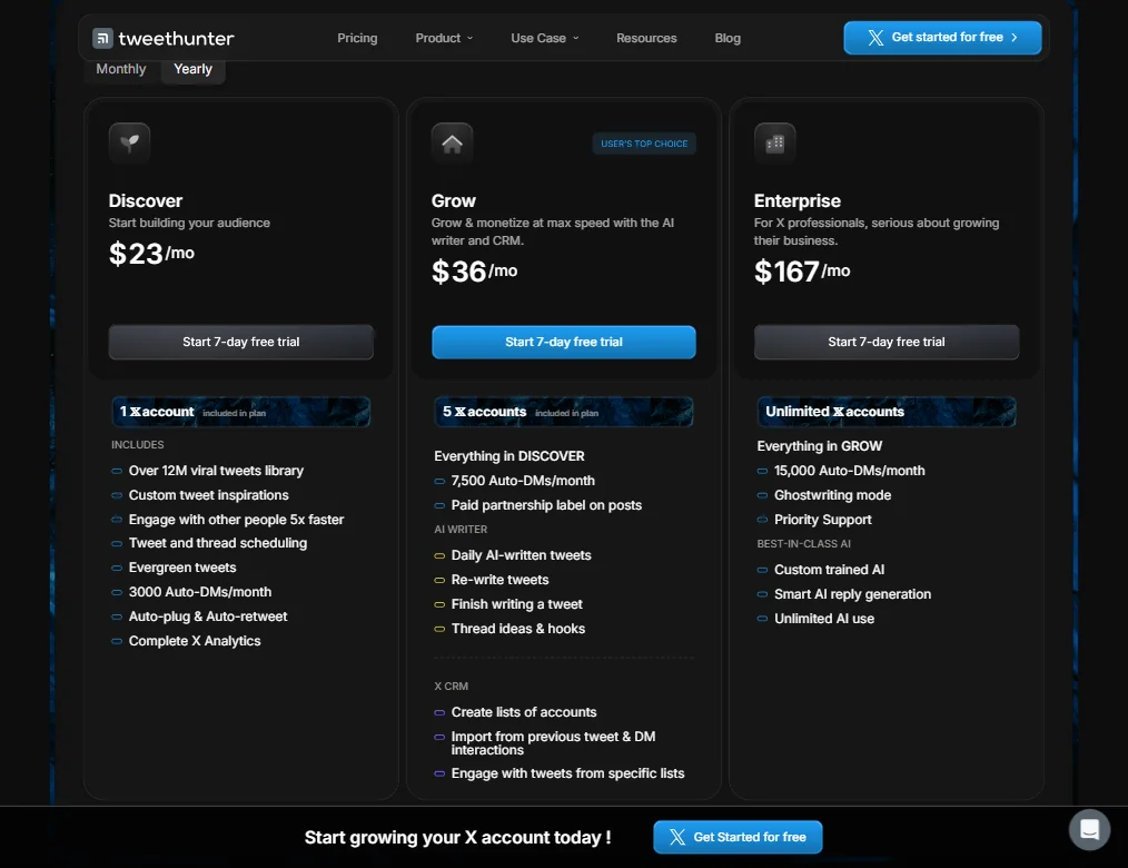 Tweet Hunter pricing screenshot