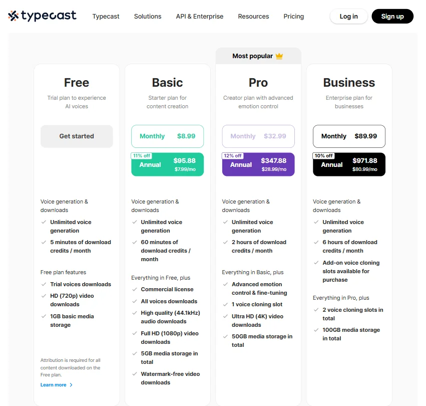 Typecast pricing screenshot