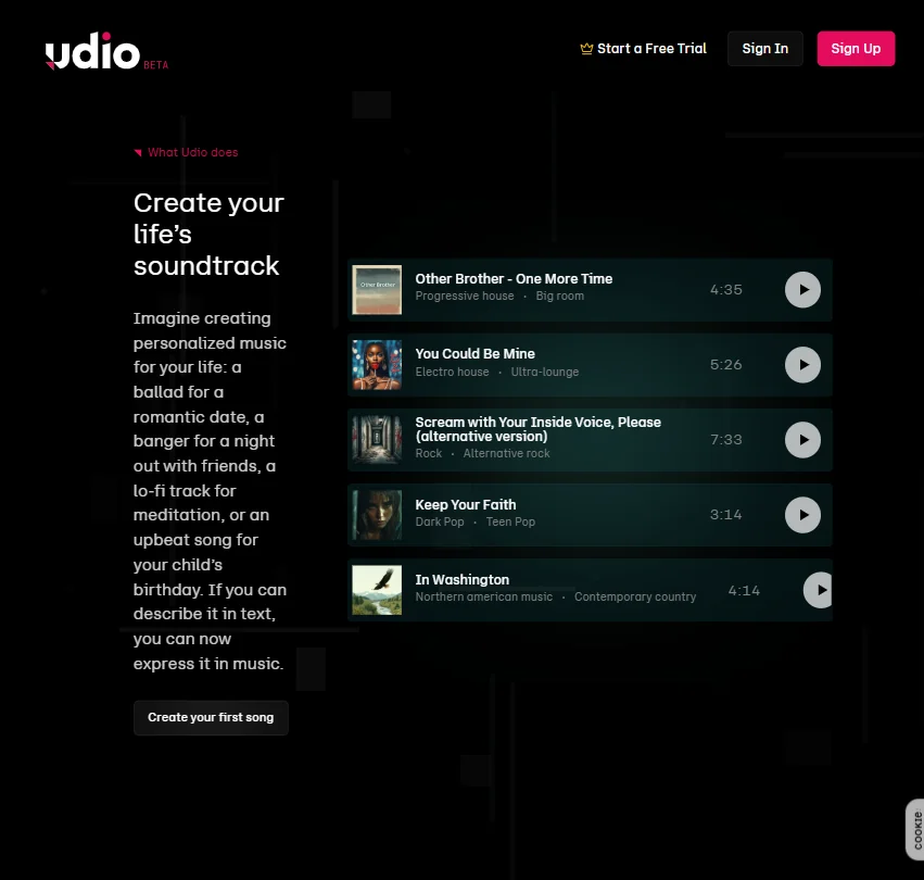 Udio features screenshot