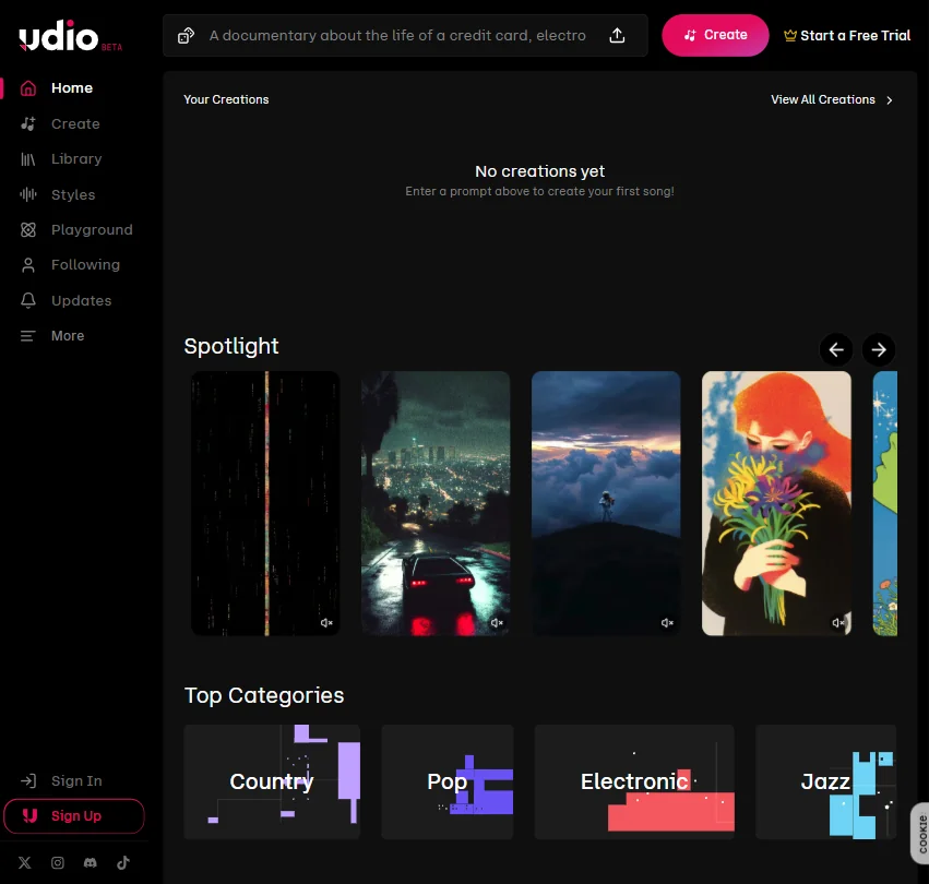 Udio homepage screenshot