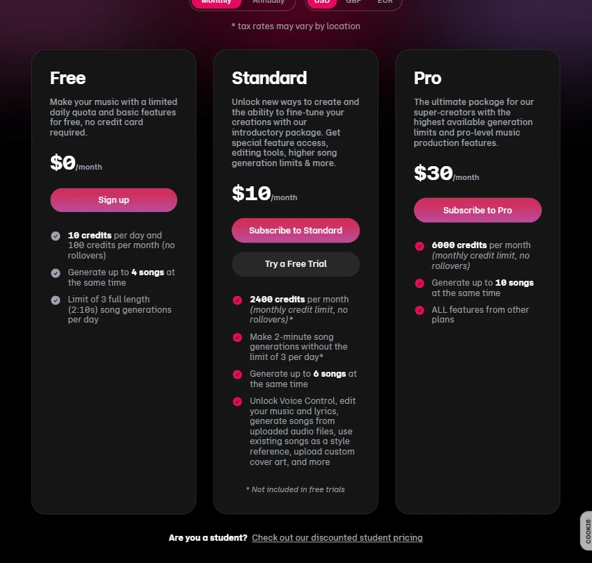 Udio pricing screenshot