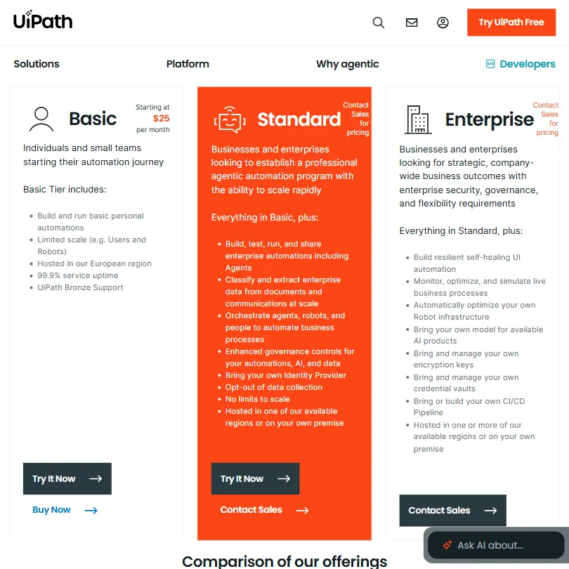 UiPath pricing screenshot