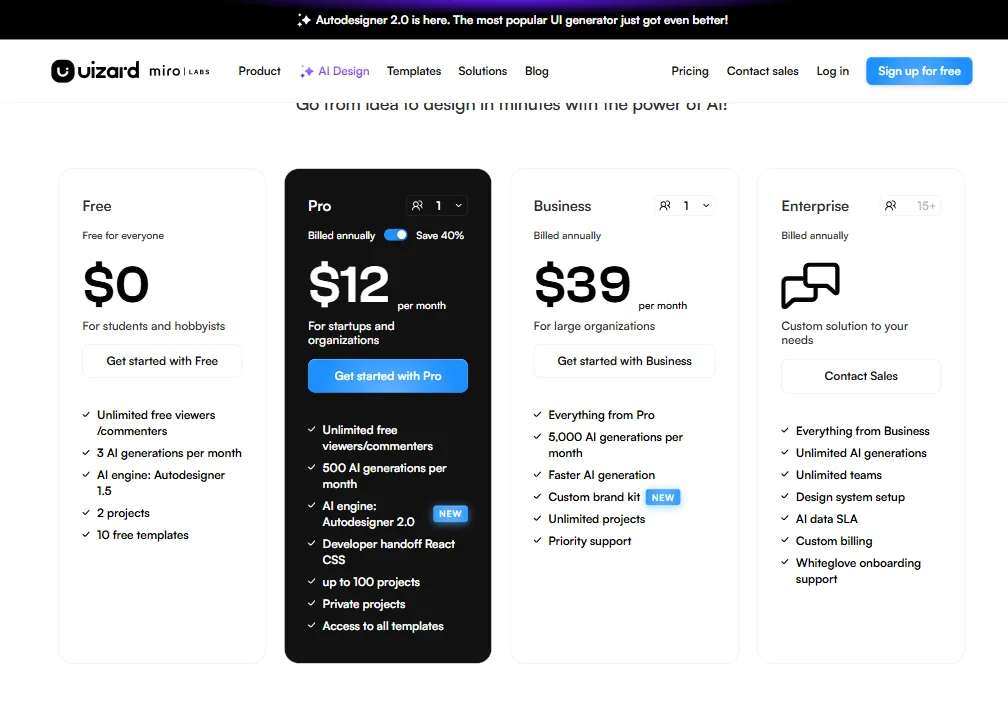 Uizard pricing screenshot