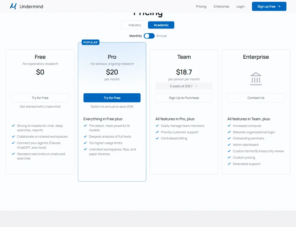 Undermind pricing screenshot