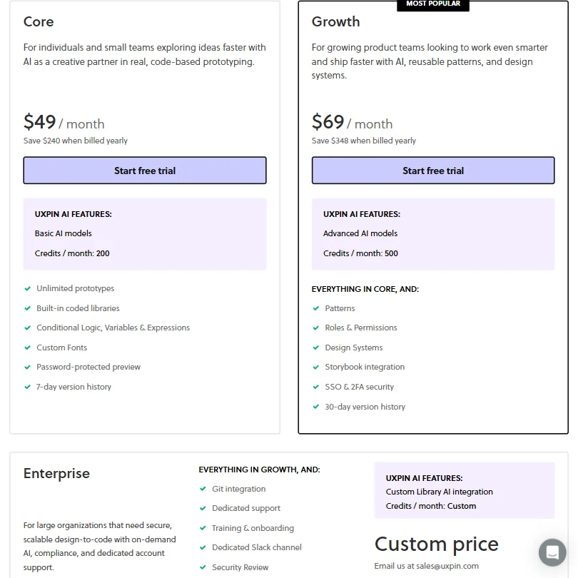 UXPin pricing screenshot
