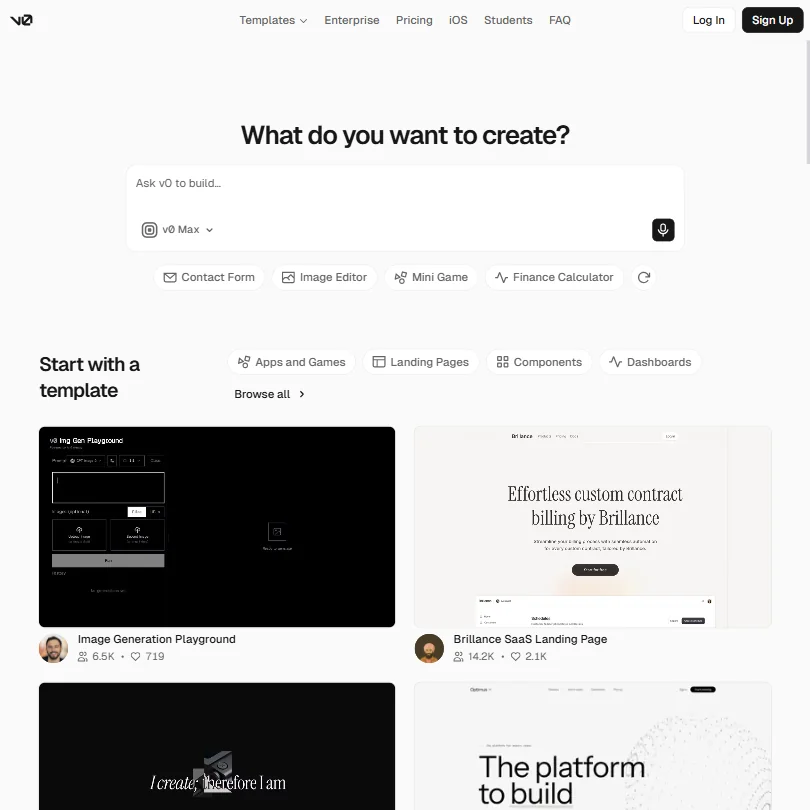 v0 by Vercel homepage screenshot