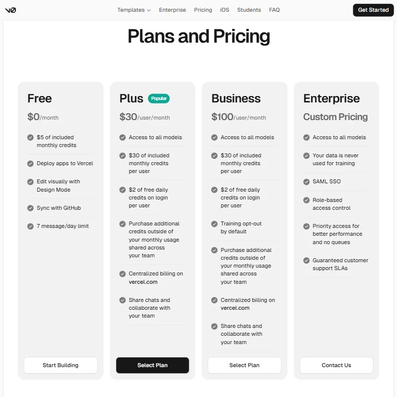 v0 by Vercel pricing screenshot
