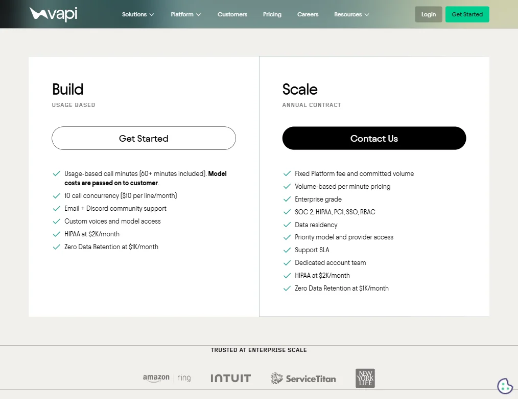 Vapi pricing screenshot