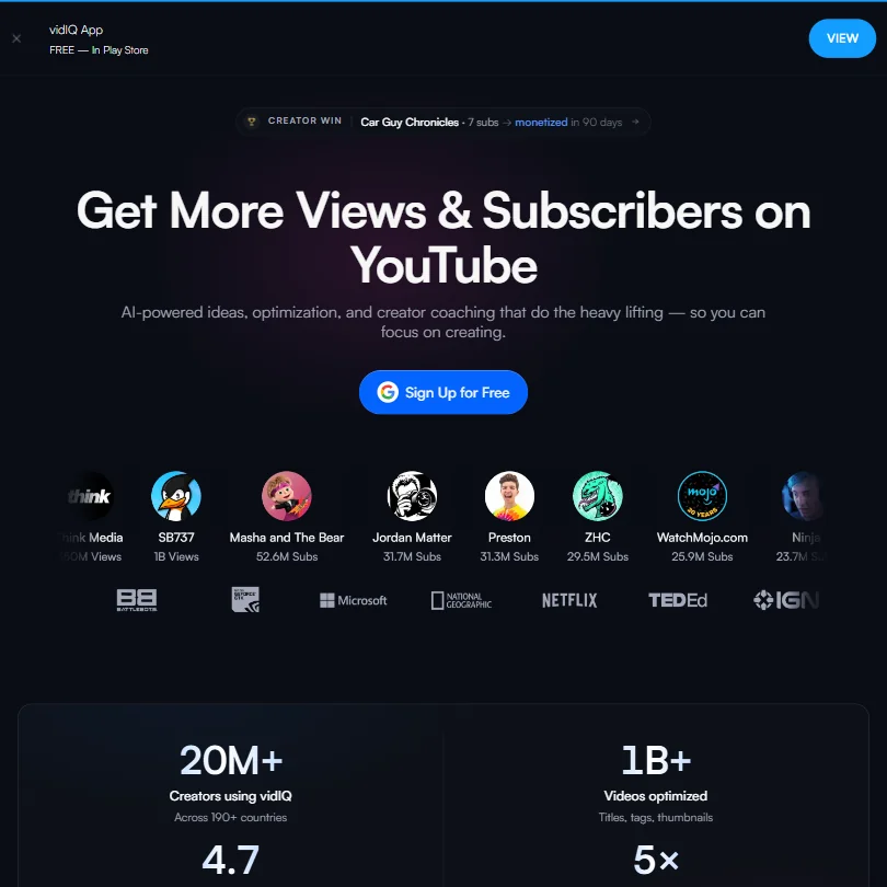 vidIQ homepage screenshot