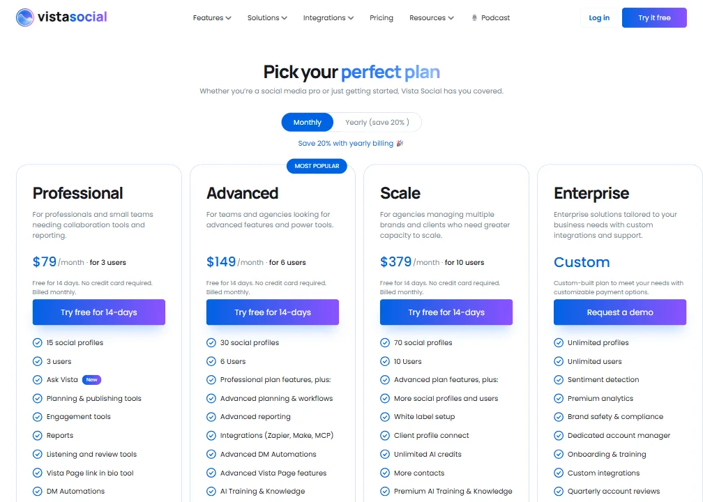 Vista Social pricing screenshot