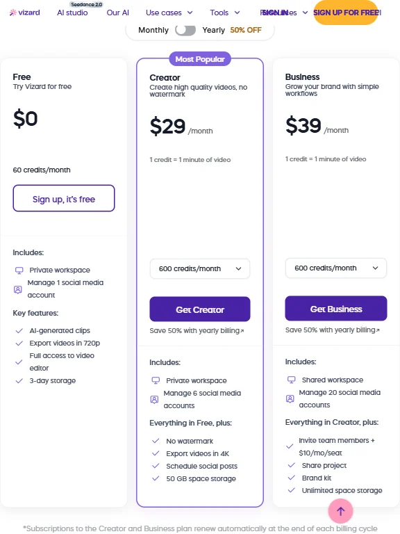 Vizard.ai pricing screenshot