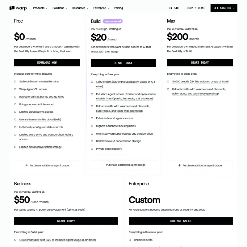Warp pricing screenshot