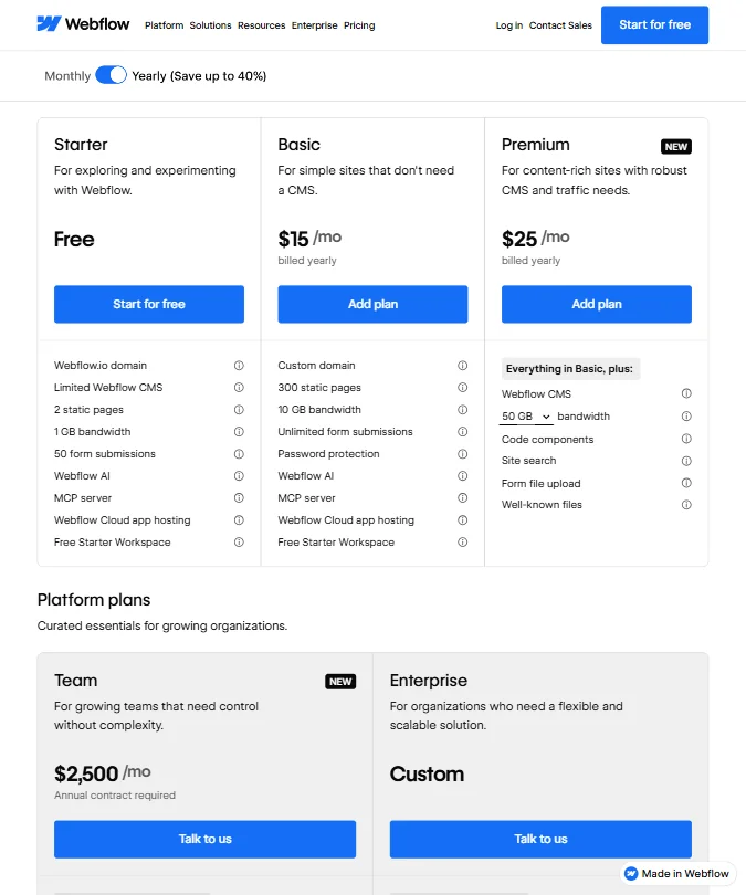 Webflow pricing screenshot