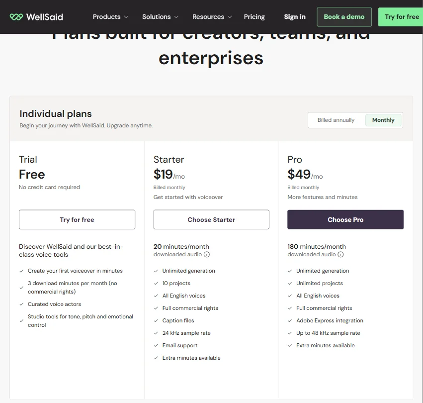 WellSaid pricing screenshot