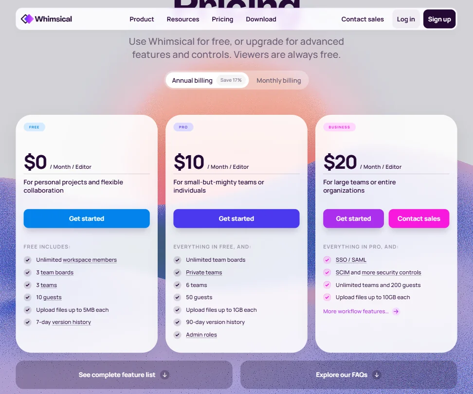 Whimsical pricing screenshot