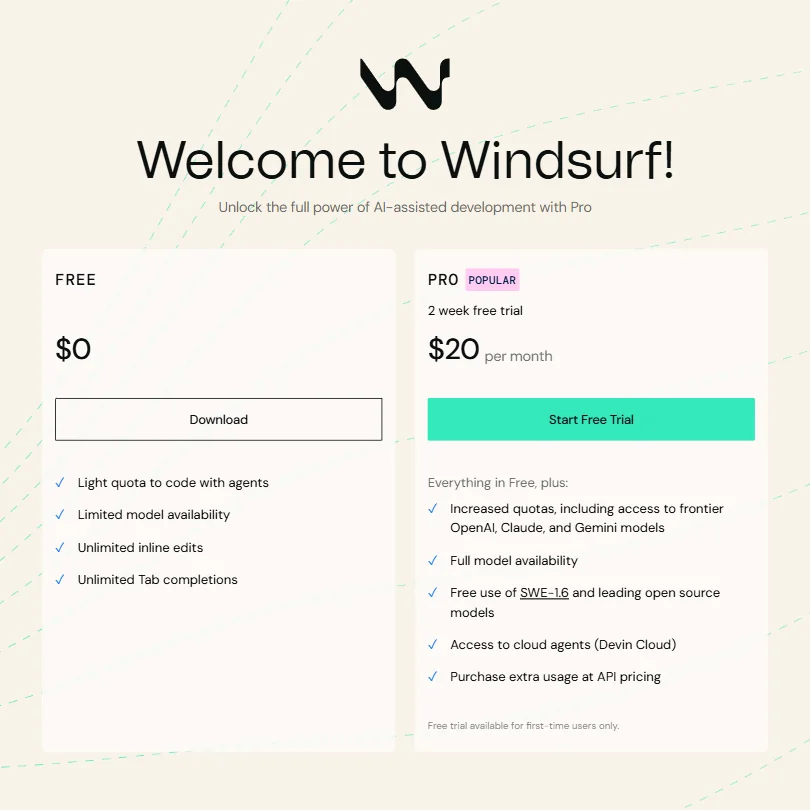 Windsurf.dev pricing screenshot