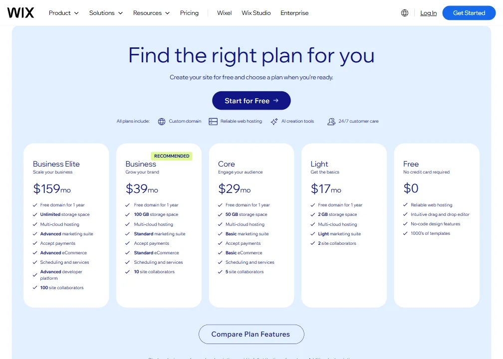 Wix pricing screenshot