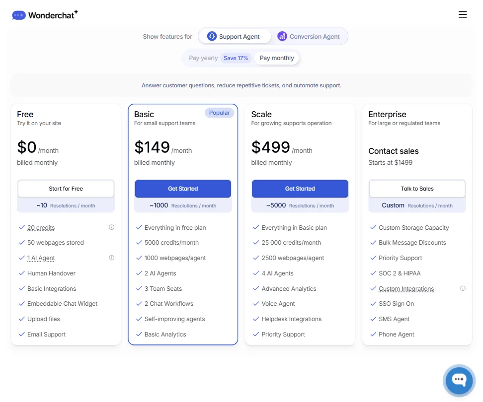 Wonderchat pricing screenshot