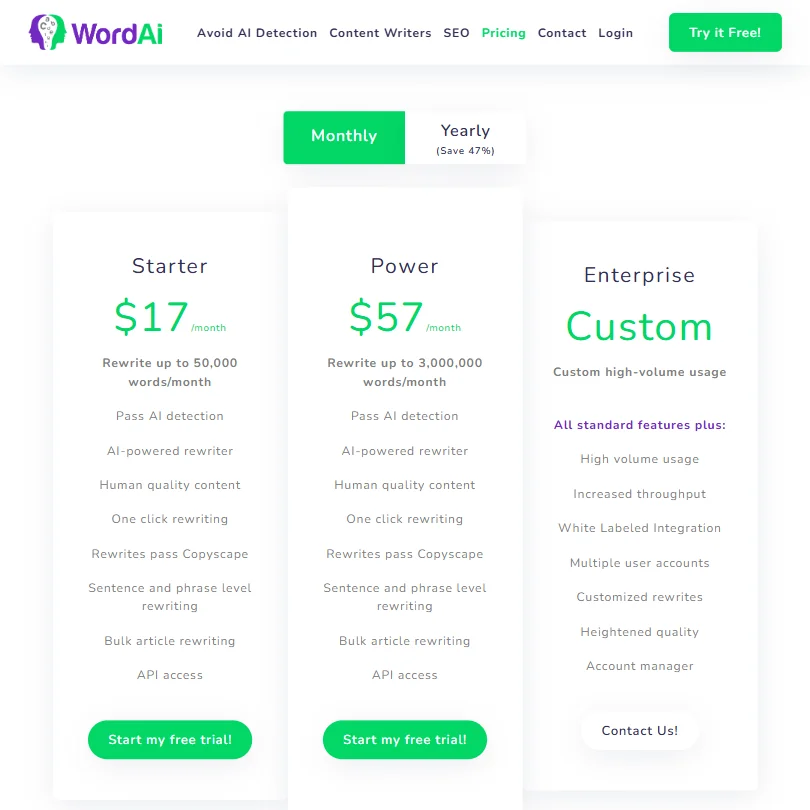 WordAi pricing screenshot