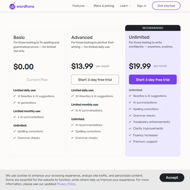 Wordtune pricing screenshot