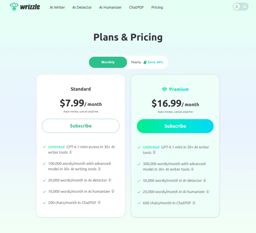 Wrizzle AI pricing screenshot