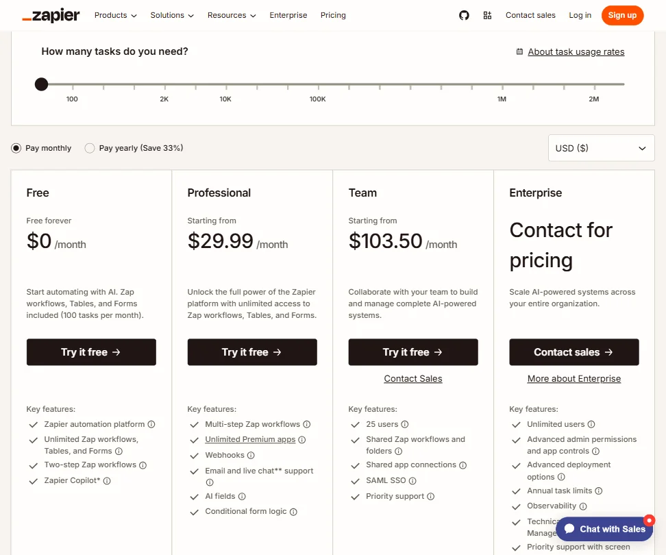 Zapier pricing screenshot