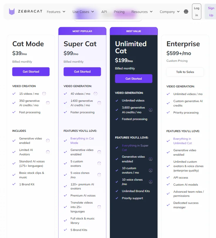 Zebracat pricing screenshot