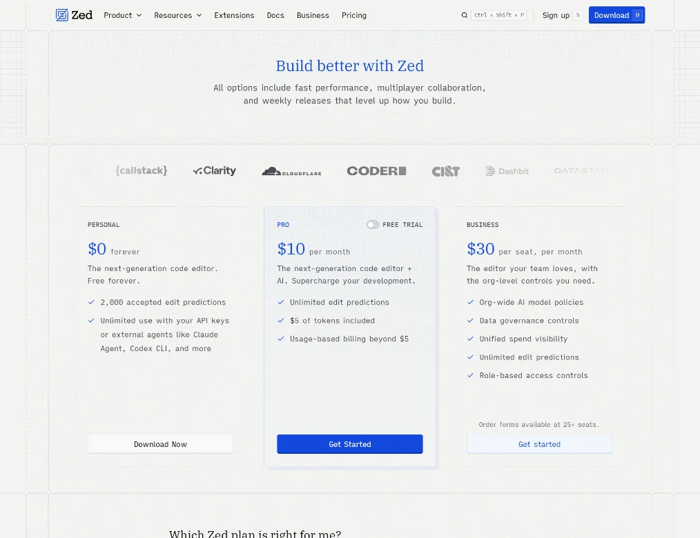 Zed pricing screenshot